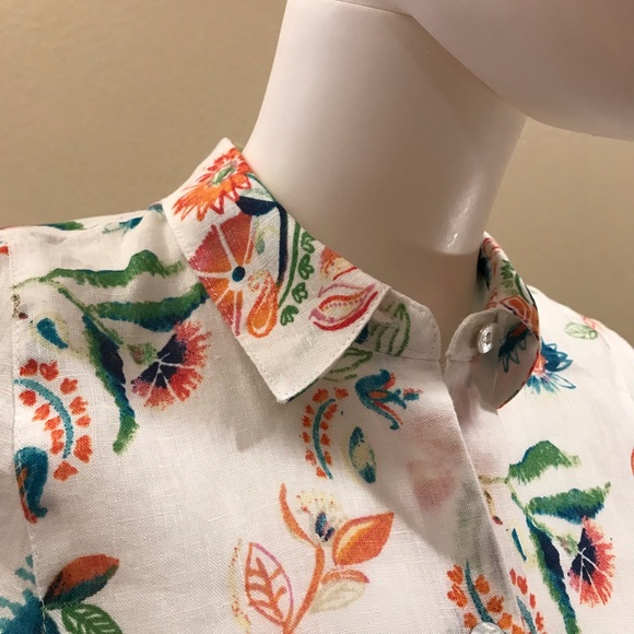 J Jill Love Linen Sleeveless Blouse Size XS Oversized White Floral Button Up - Picture 11 of 16